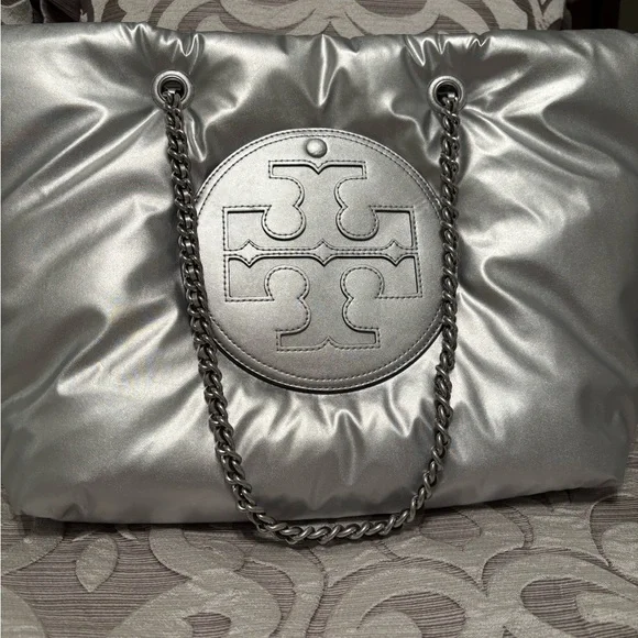 Tory Burch Metallic Silver ToteTory Burch Ella Metallic Puffy Chain Tote